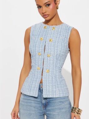 Fashion Nova Light Blue Tweed Sleeveless Vest with Gold Buttons